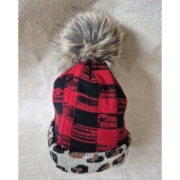 Panache Ladies Beanie One Size Animal Print Faux Fur Pom Red Buffalo Plaid Knit - Picture 8 of 9